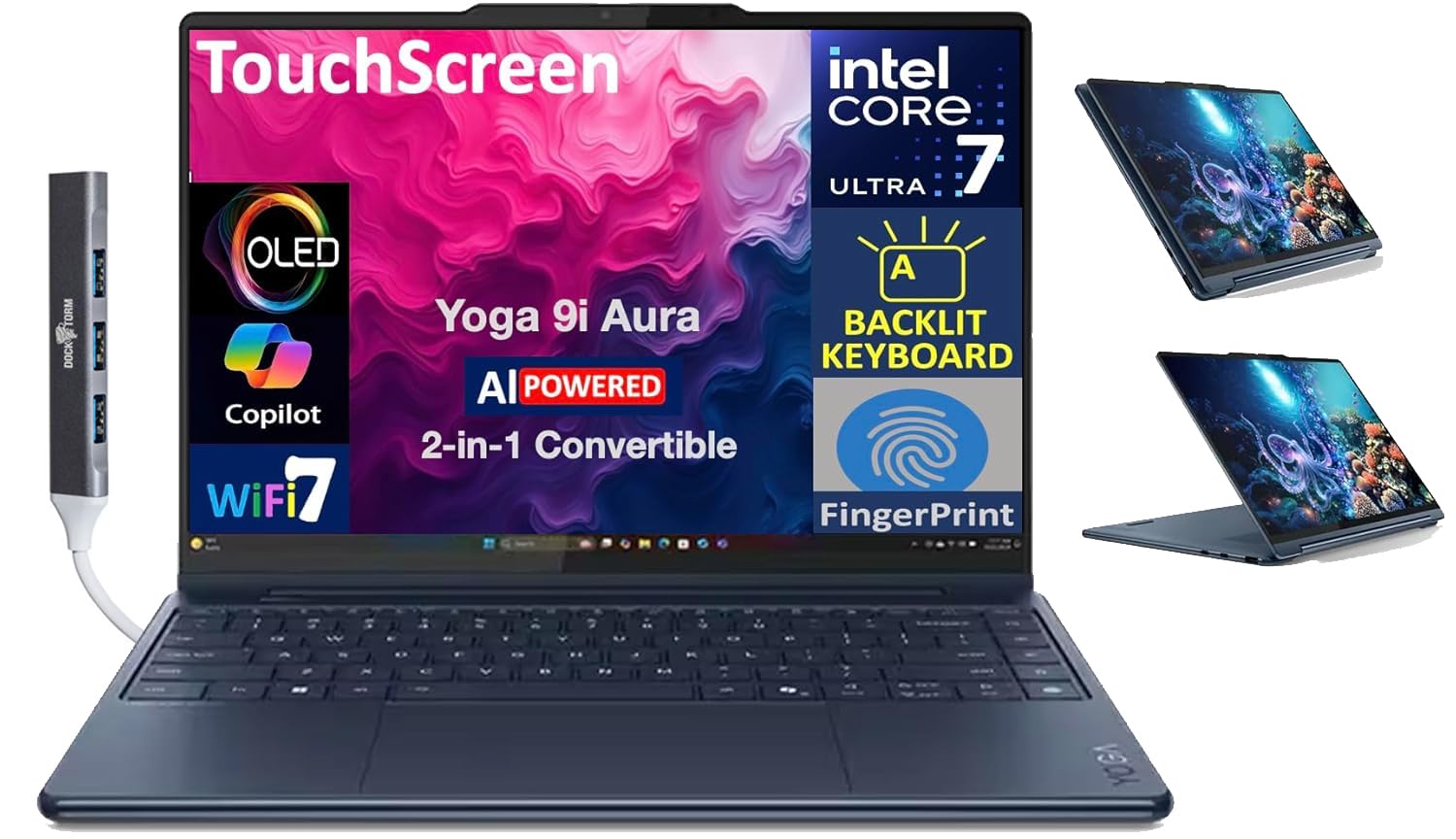 Yoga 9i Aura Edition HIGH Performance 2-in-1 Laptop 14.0" Touchscreen OLED 2.8K Display (Intel Ultra 7-258V, 32GB LPDDR5X, 1TB SSD, Backlit KB, Fingerprint, Win11Pro) w/DKZ USB Port Expander