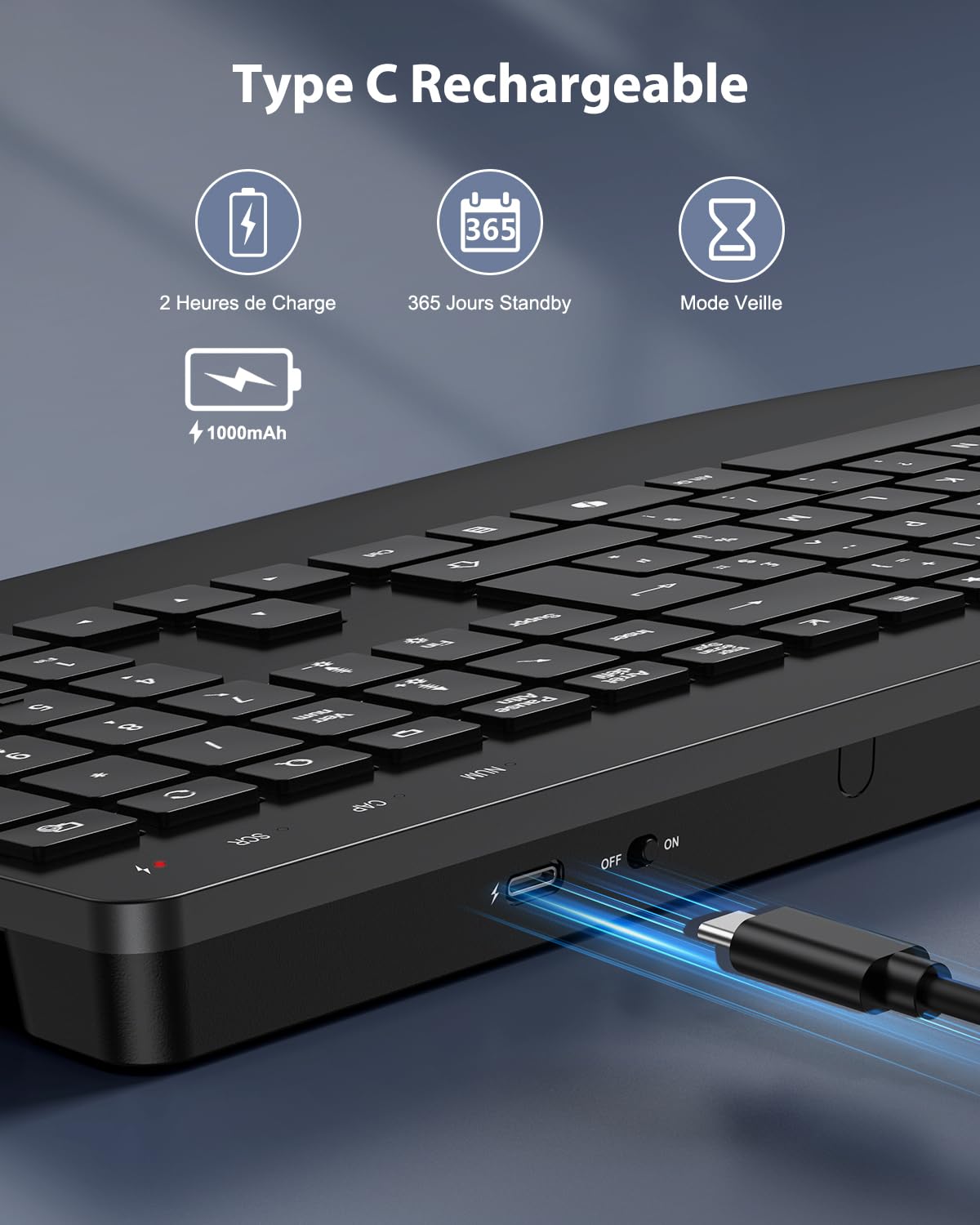 TECURS Clavier sans Fil 2,4 GHz AZERTY Français avec Repose-Poignet, Noir