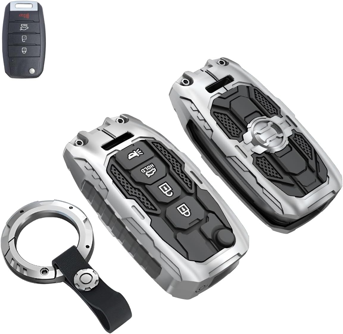 Zinc Alloy Key Fob Cover Case Protector for kia, Keychain, Accessories Compatible with Kia Rio Optima Soul Sportage Sorento Caren 4 Buttons Flip Key Fob (Silver)