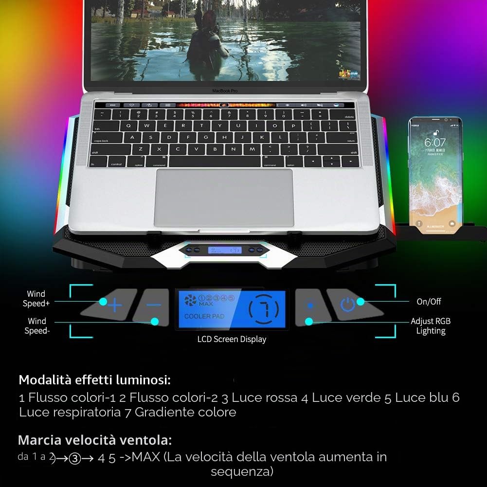 ICE COOREL Gaming Laptop Cooling Pad 15-17.3 pollici, ventola per laptop con 6 ventole di raffreddamento RGB, supporto di raffreddamento per laptop con 6 altezze regolabili, dispositivo di
