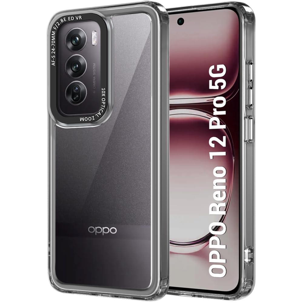 TheGiftKart Polycarbonate,Thermoplastic Polyurethane Hybrid Shockproof Back Cover Case for Oppo Reno 12 Pro 5G|Stylish Camera Border|Electroplated Buttons|Crystal Clear Hard Back Cover for Reno 12 Pro