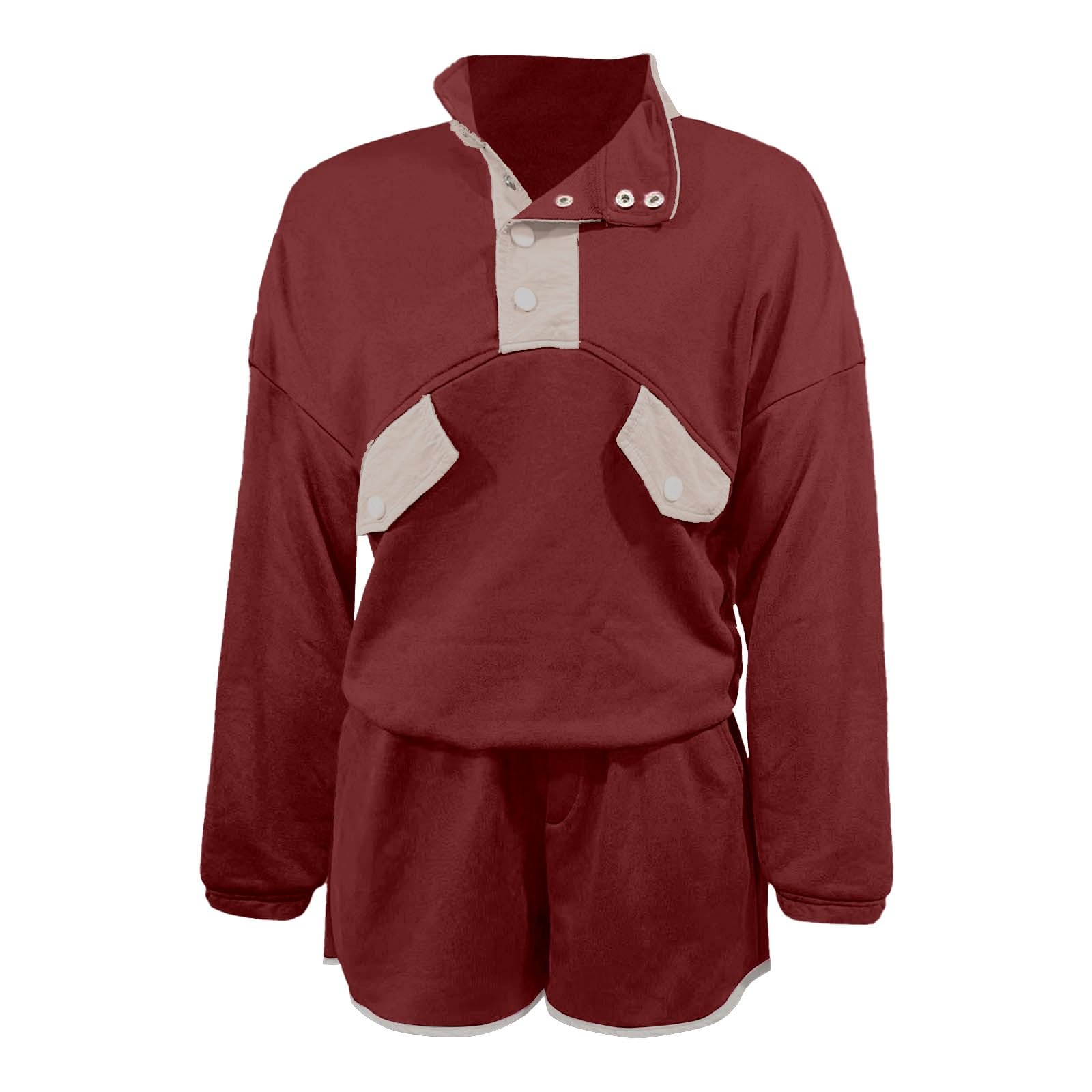 Generisch 2026 Ensemble de shorts d'entraînement pour femme, pull à manches longues avec demi-boutons, short taille élastique, ensemble décontracté 2 pièces avec poches
