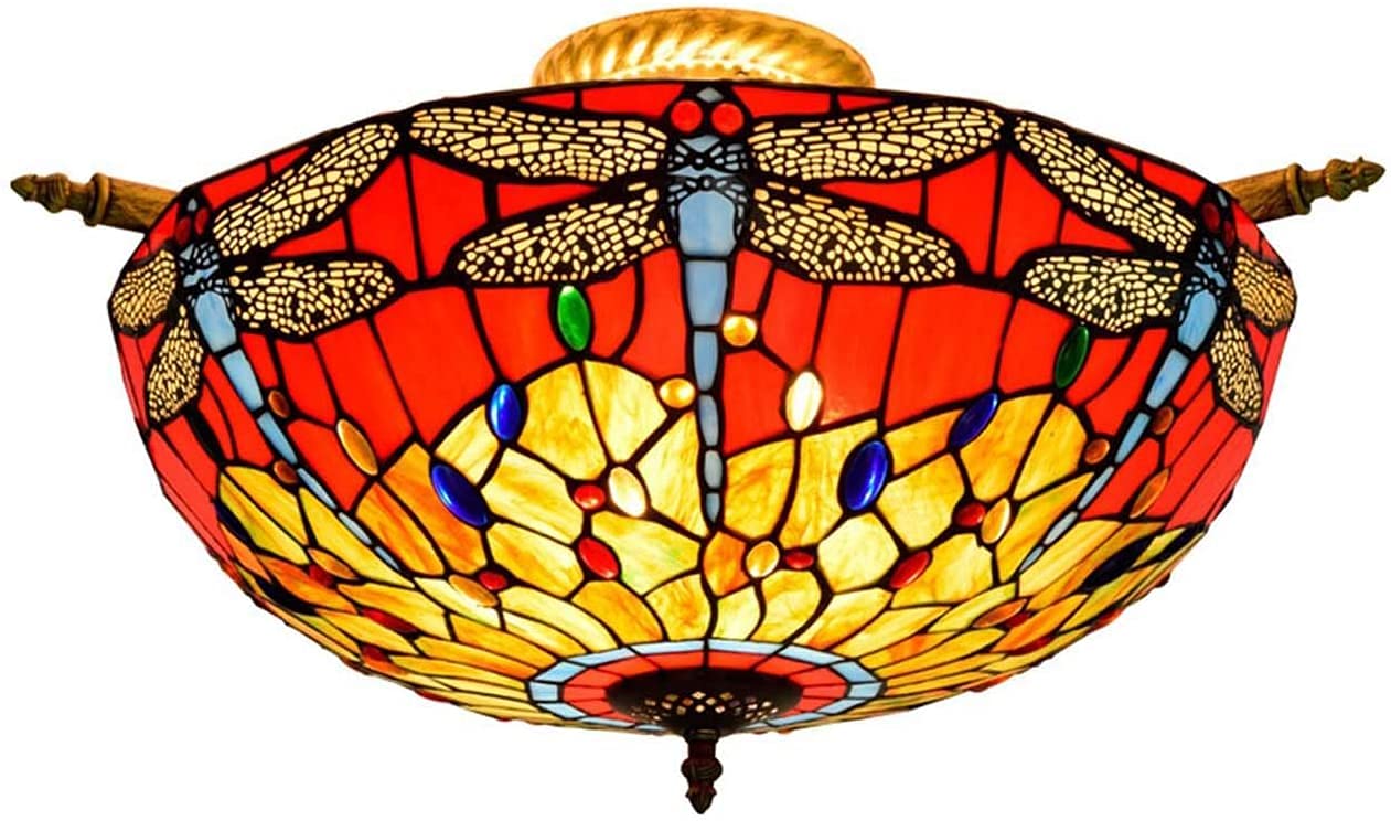 Lampa sufitowa Tiffany, lampa wisząca półpłaska, żyrandol z witrażowym kloszem w kształcie ważki do salonu, sypialni i kuchni, H Comfor (JA)
