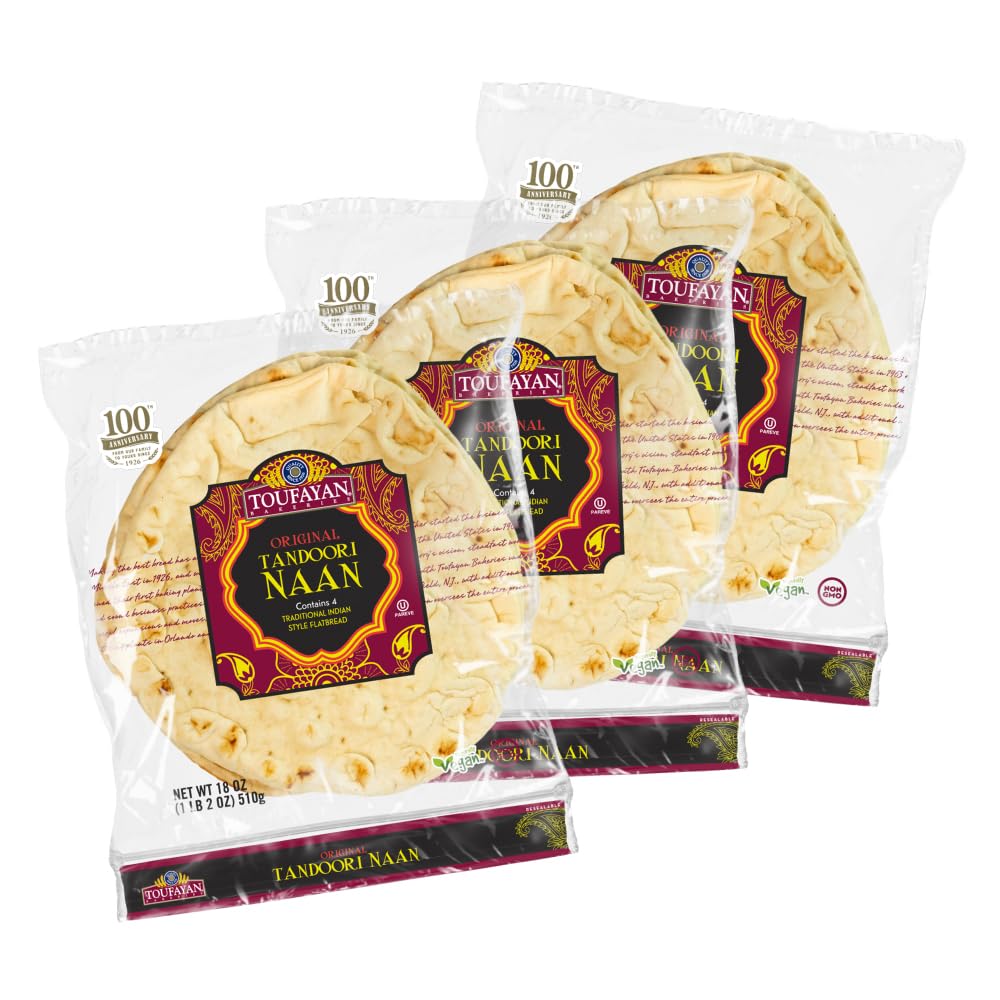 Toufayan Original Naan Tandoori | Non-GMO and Vegan (3 Pack, 12 Flatbreads Total)