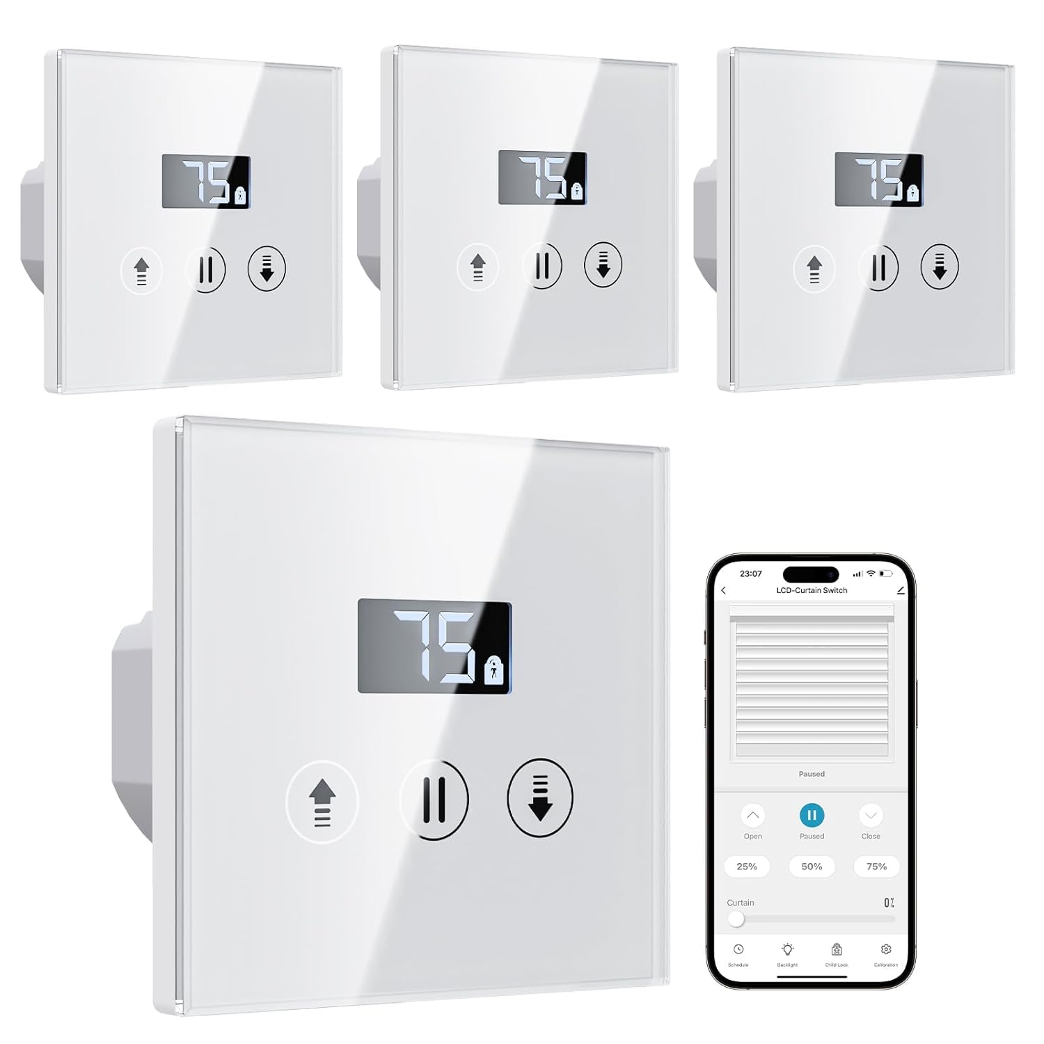 Interruptores Persiana Wifi Porcentual con Pantalla LCD, Interruptor Persiana Inteligente Compatible con Alexa y Google Assistant 80x80mm, Se Requiere Cable Neutro