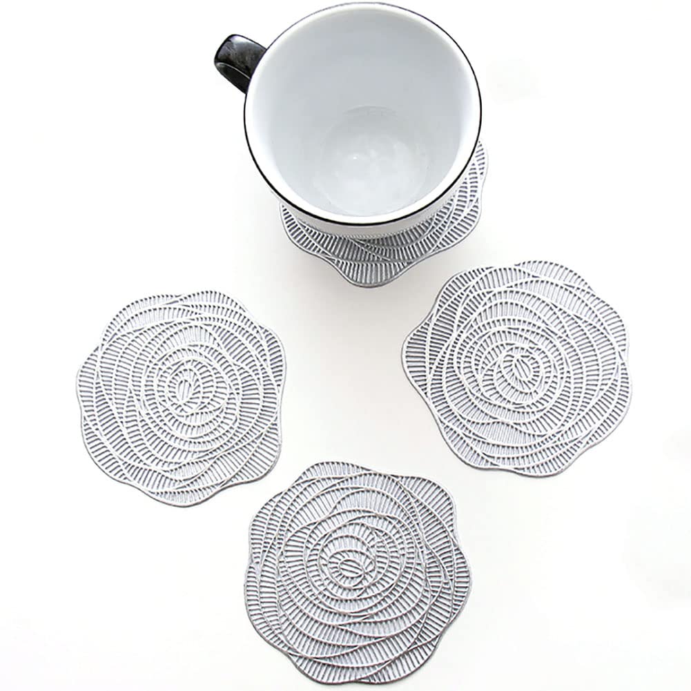 SCF2017 PVC Rose Shape Coasters for Drink Cup Mats Small Cute Placemats Set of 4,Silver