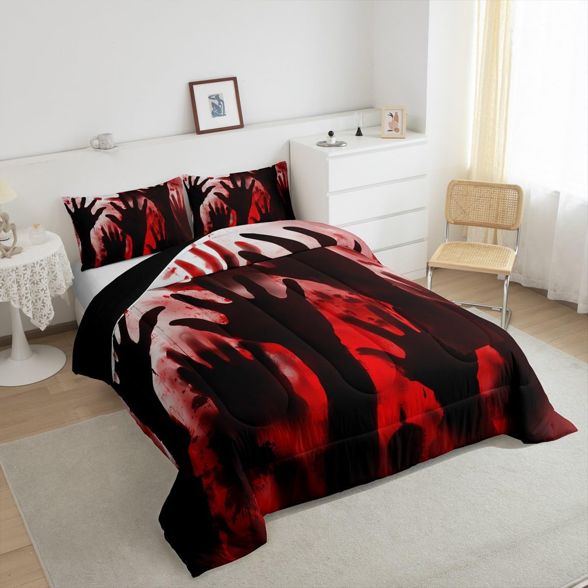 Feelyou Halloween Decorations Comforter Set for Kids Boys Girls Teens Horror Bloody Comforter Queen Size Scary Hands Bedding Set Bedroom Decor Halloween Props Quilt Set Duvet Insert 3Pcs