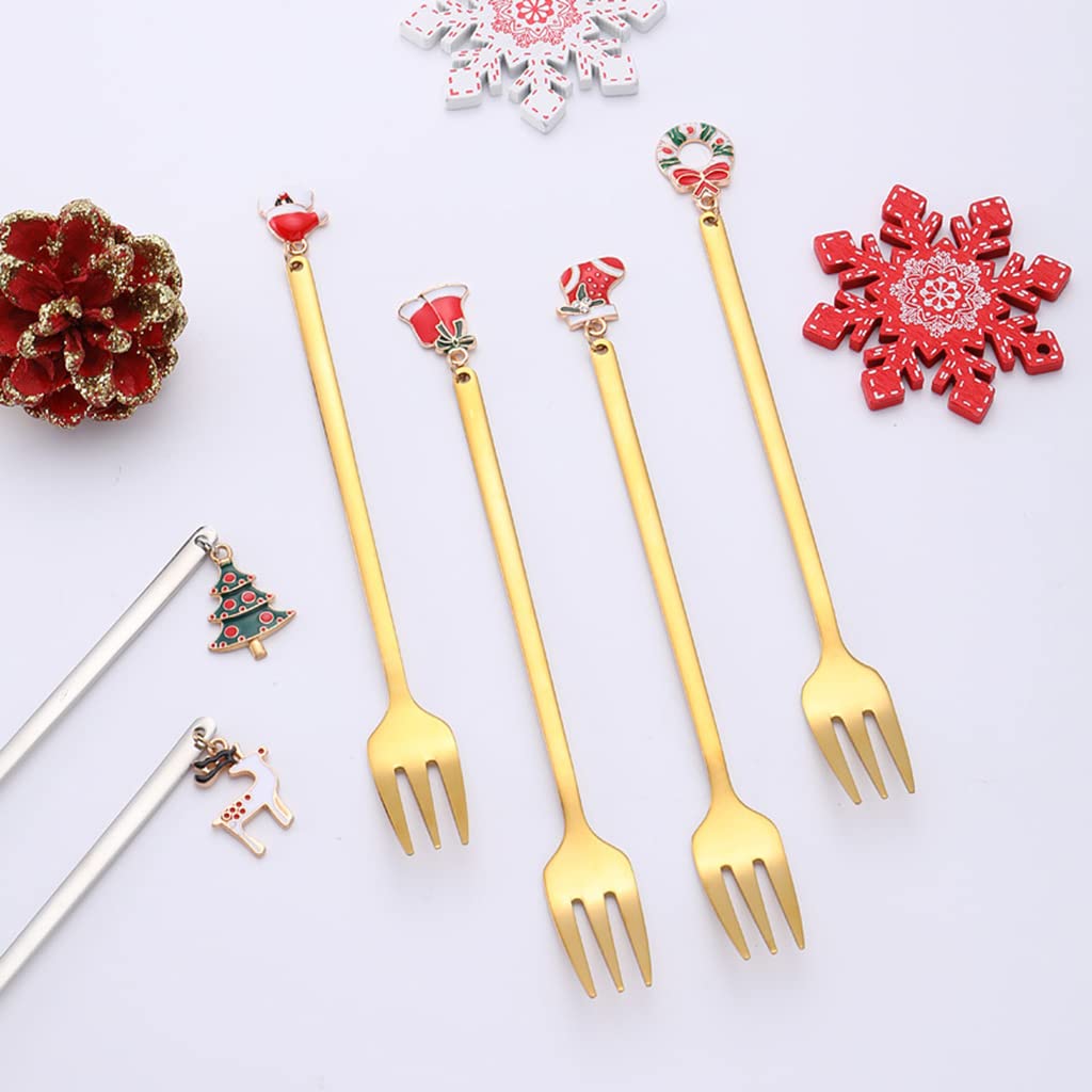 Set De 5 Fourchettes à Fruits De Noël En Acier Inoxydable - Père Noël, Renne, Bonhomme De Neige... Avec Tasse