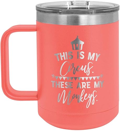 ONLYGIFTS.COM - Taza de café con tapa deslizante (13.0 fl oz), diseño con texto en inglés "This is my circus these are my monkeys", Coral