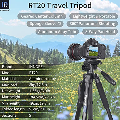 Image of INNOREL 72 inch Camera Tripod with Carry Bag, Lightweight Travel Aluminum Professional Tripod Stand (17lb /8kg Load) with Rotatable Phone Clip for DSLR, Cellphone, Canon, Nikon, Sony and DV Video RT20