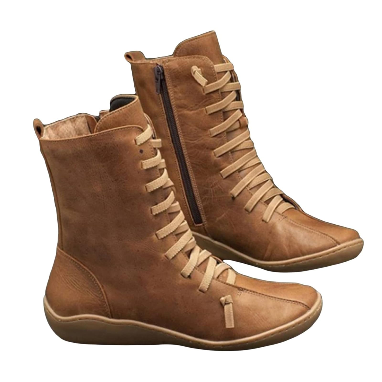 Women's Vintage Casual Short Ankle Boots Arch Support Fashion No Heel Lace Up Side Zipper Retro Leather Booties Comfortable Slip On Flat Shoes