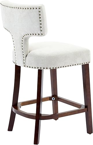 Miniatura 6 de Set of 2 Counter Height Bar Stools with Farmhouse Linen Upholstery, Curved Backrest Dining Chairs with Hardwood Frame for Kitchen Counter, Table &