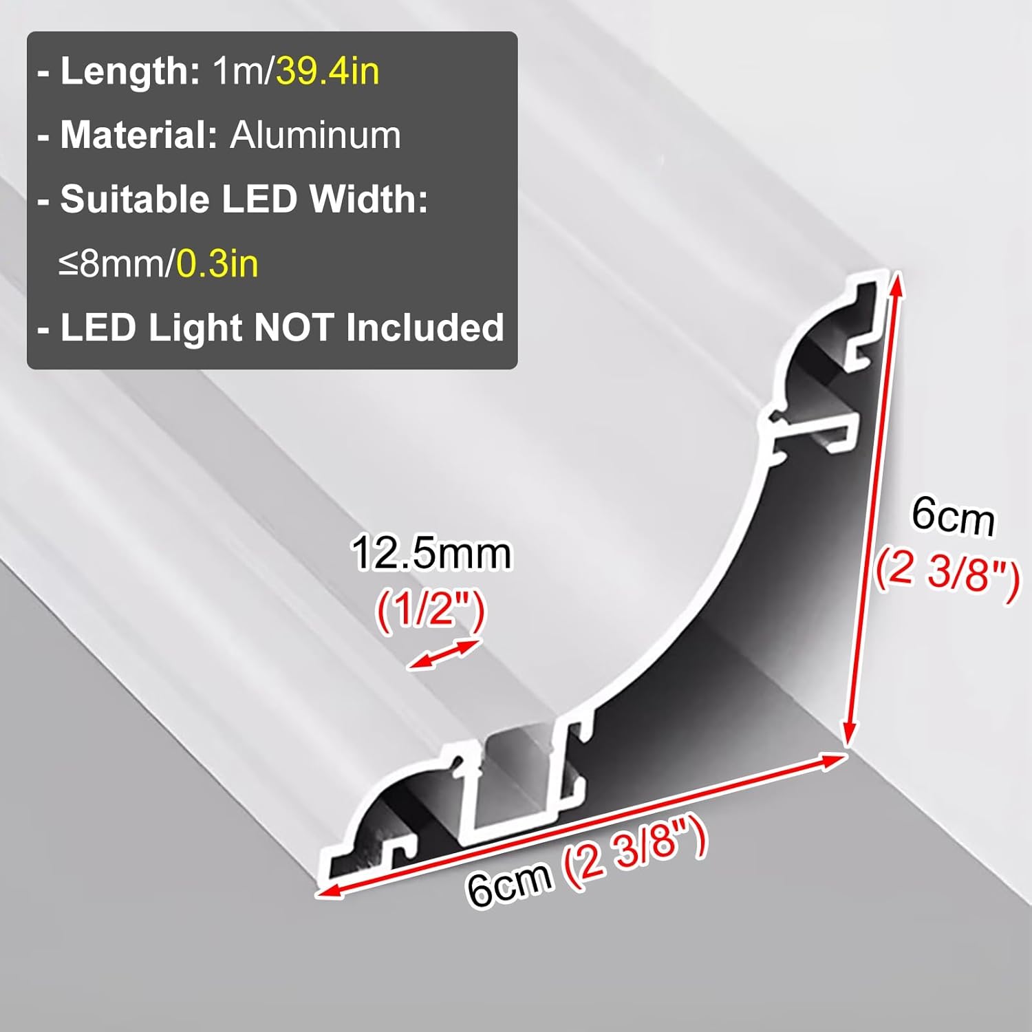 Aluminum LED Light Channel for Ceiling Indirect Lighting, White Diffuser Cover, Crown Molding & Baseboard Trim - 1m/3.3ft LED Profile for Home Decor