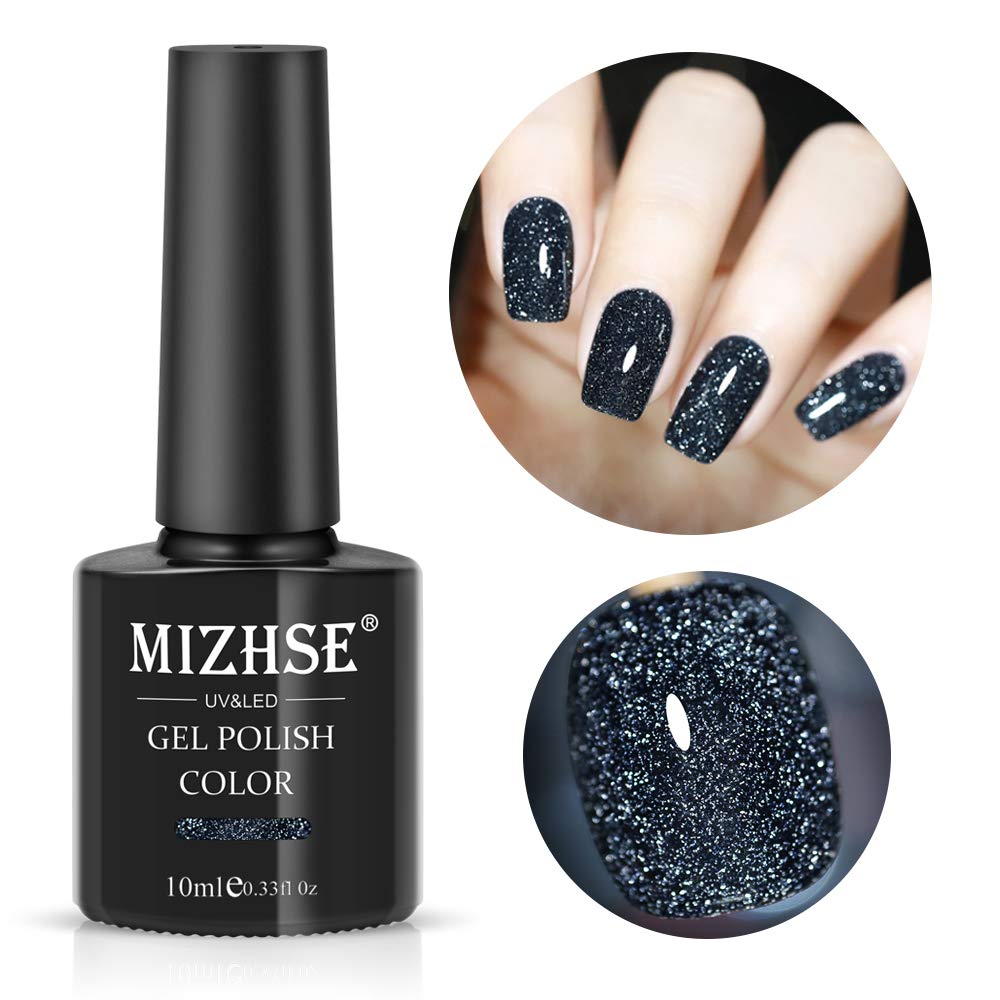 MIZHSE Diamond Gel Nail Polish, Reflective Glitter Polish Set, Sparkly Shiny Gel Nail Art Varnish Manicure Kit, Soak Off LED Lamp, for Beginners DIY at Home (BD-005 Dark Blue)