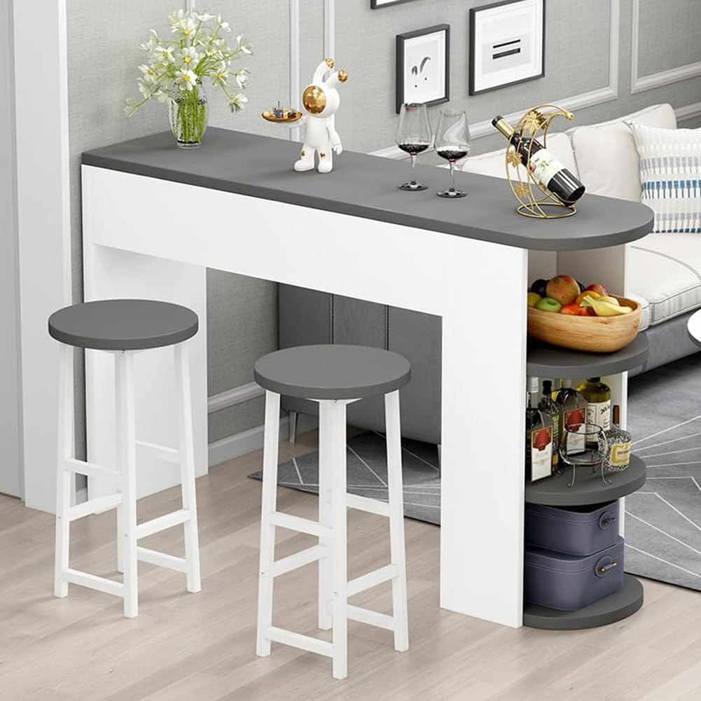 Modern Bar Table Set with 2 Metal Backless Stools, White Wood Cocktail Table, Living Room Furniture (Grey, 3 Piece Set - 32" L x 12" W x 39" H)