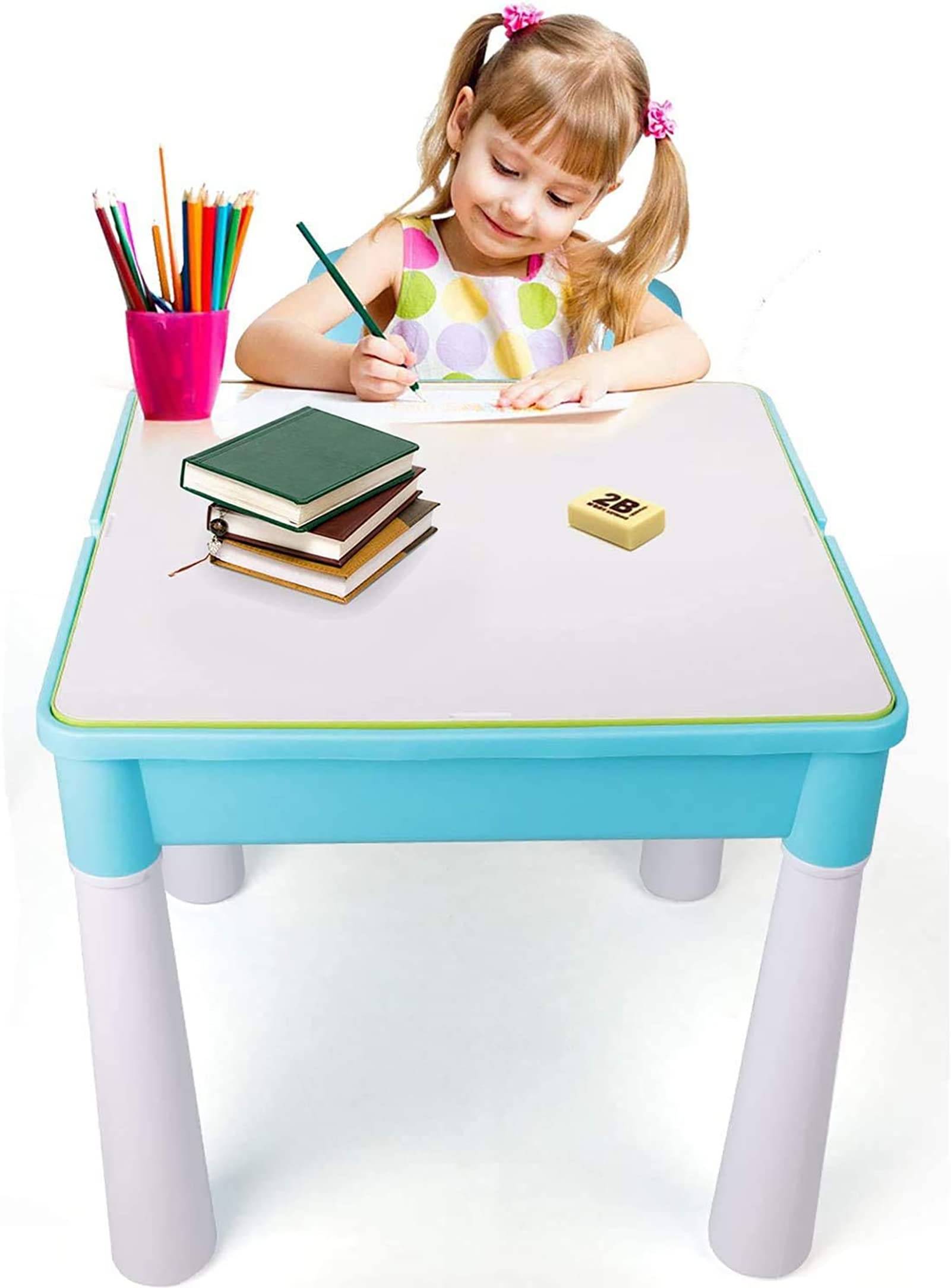 Burgkidz Ensemble de Table 5-en-1 128 Pièces Blocs de Construction Compatibles avec Chaise et Table Rangement Bleu