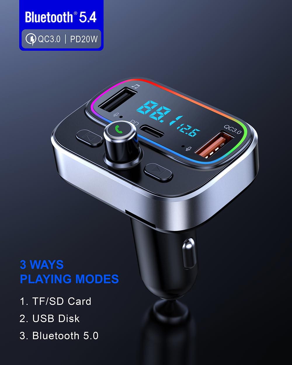 Transmisor FM Bluetooth Dual Micrófono para Llamadas Manos Libres Coche Cargador USB Coche QC 3.0&PD 20 para Todos Los Smartphones, Reproductores de Audio Soporte Tarjetas TF/SD y Disco USB