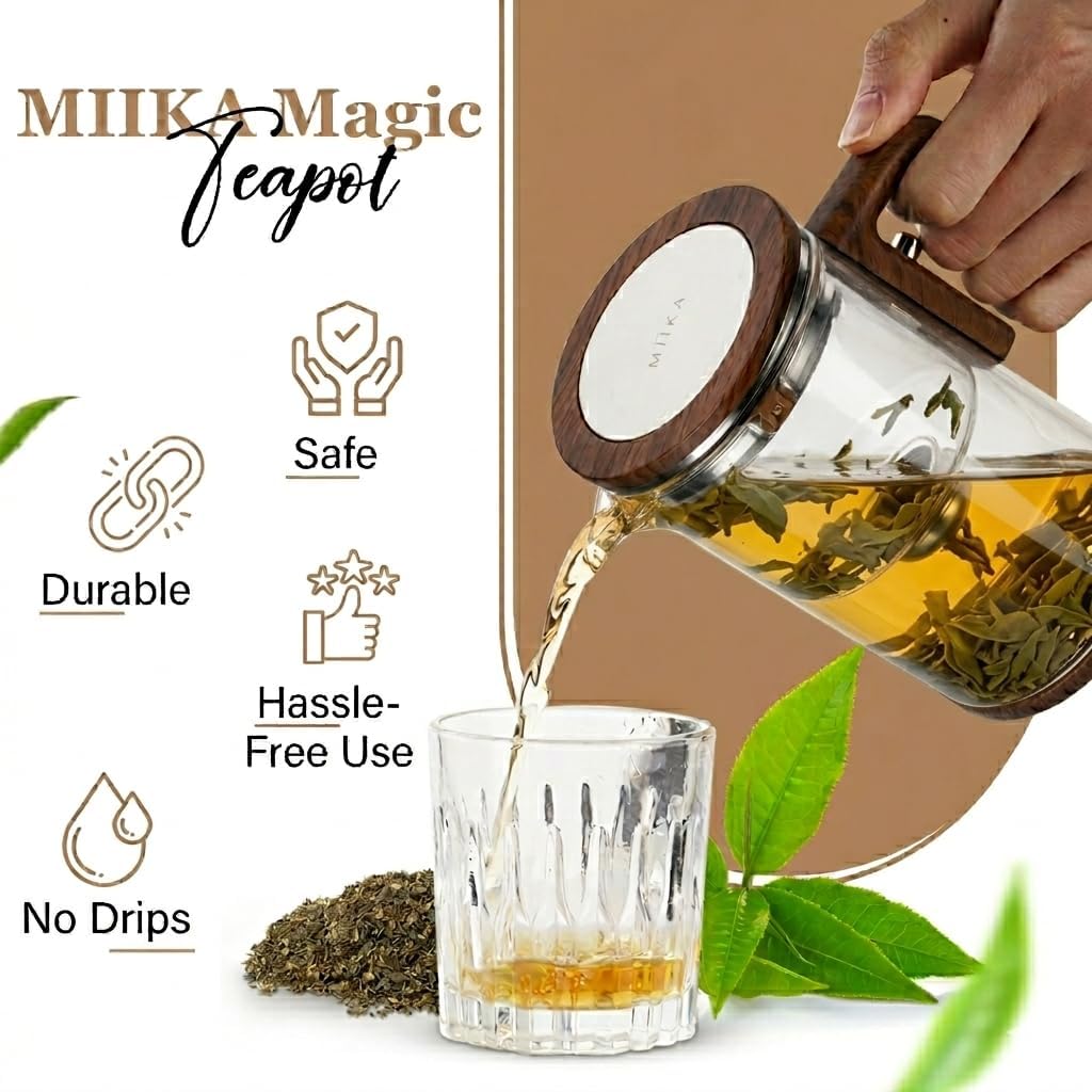 MIIKA Magic Glass Tea Pot with Infuser for Loose Tea – Bottom Dispense Stainless Steel Strainer, Borosilicate Glass, Elegant Tea Scoop, Protective Base and Drip-Free, Easy-to-Clean Design