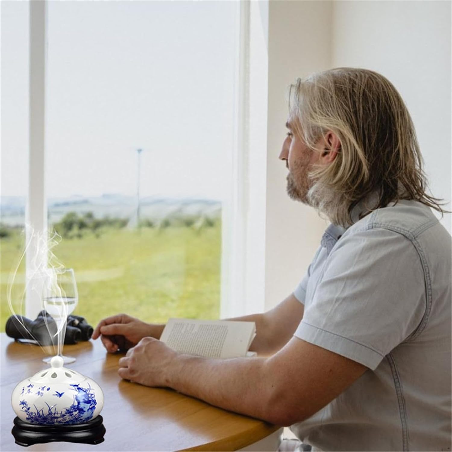 Electric Resin Burner with Timing,Ceramic Incense Burner,Frankincense Bakhoor Censer 110 V for Home Porch,Patio,Garden,Office,Yoga, Living Room, Meditation Room (White Blue)