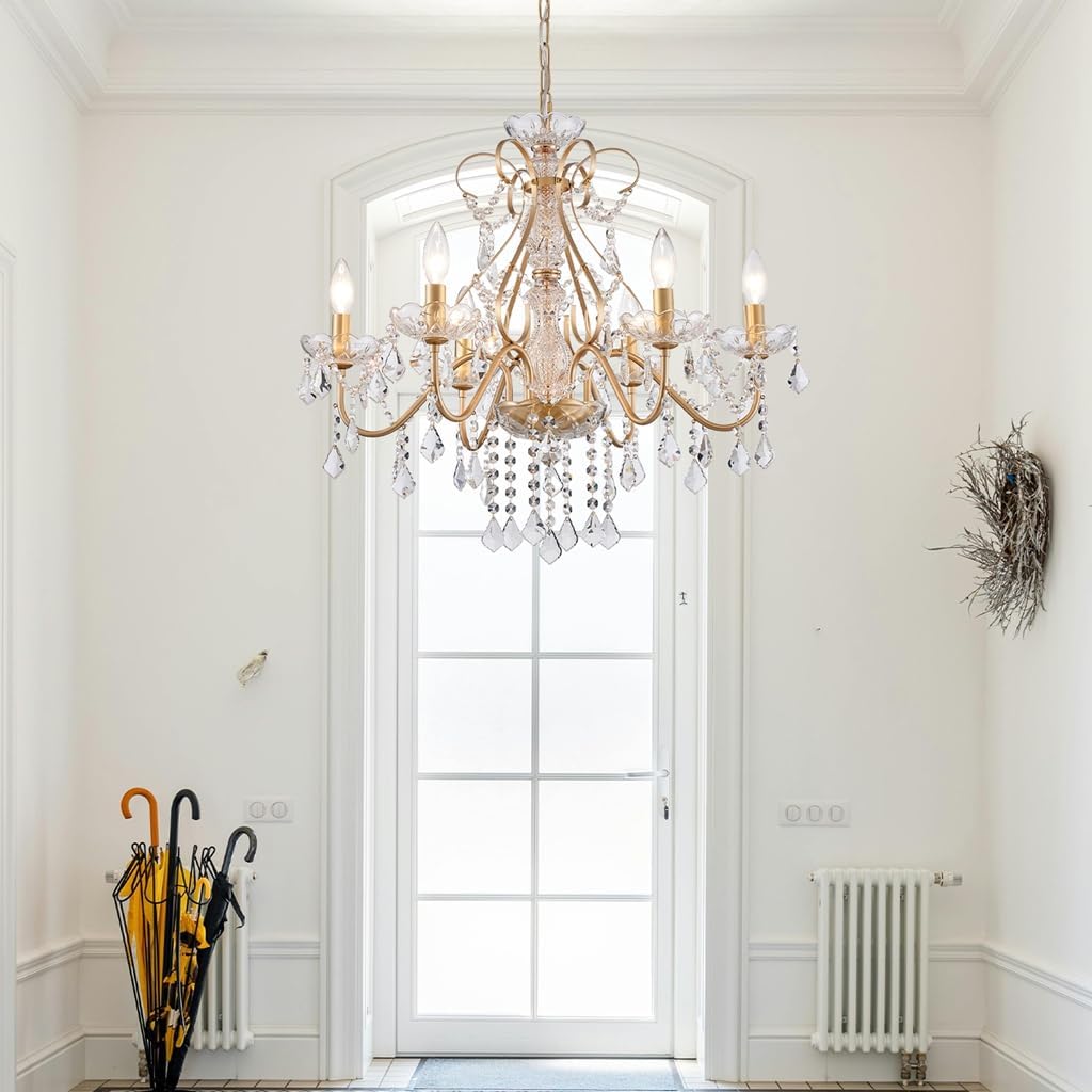 AGV LIGHTING Crystal Chandelier Gold 6-Light Candle Style Chandelier Lighting with Clear Crystal Pendants Elegant Dining Room Chandelier Light Fixture for Bedroom Living Room Foyer