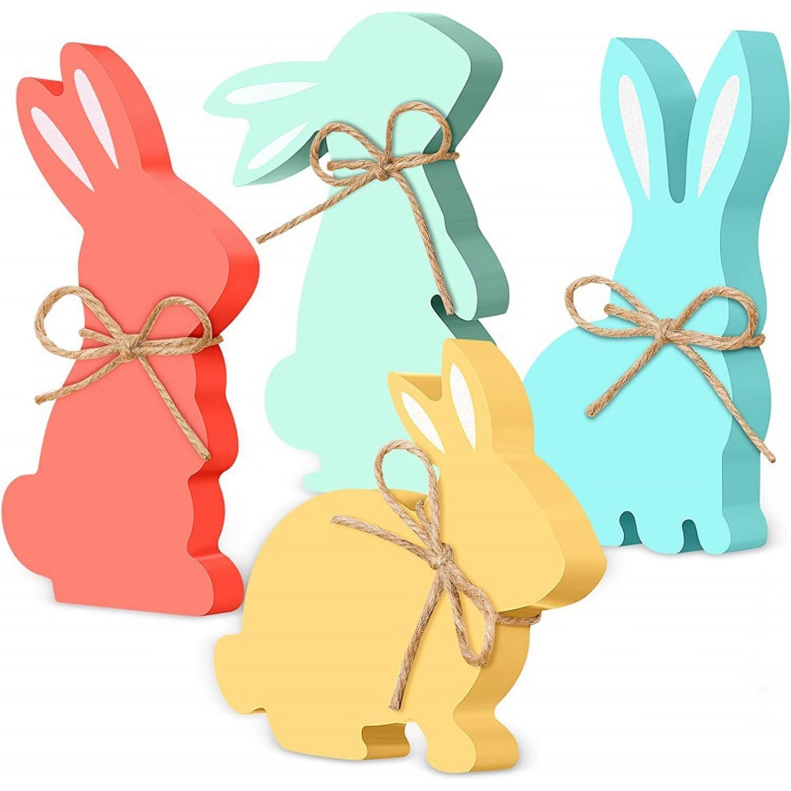 4Pcs Easter Bunny Table Wooden Sign Decorations,Rabbit Shape with Rope Natural Wood Signs Spring Easter Table Centerpieces Decor Bunny Farmhouse Kitchen Dining Room Tabletop Decoration Home Office