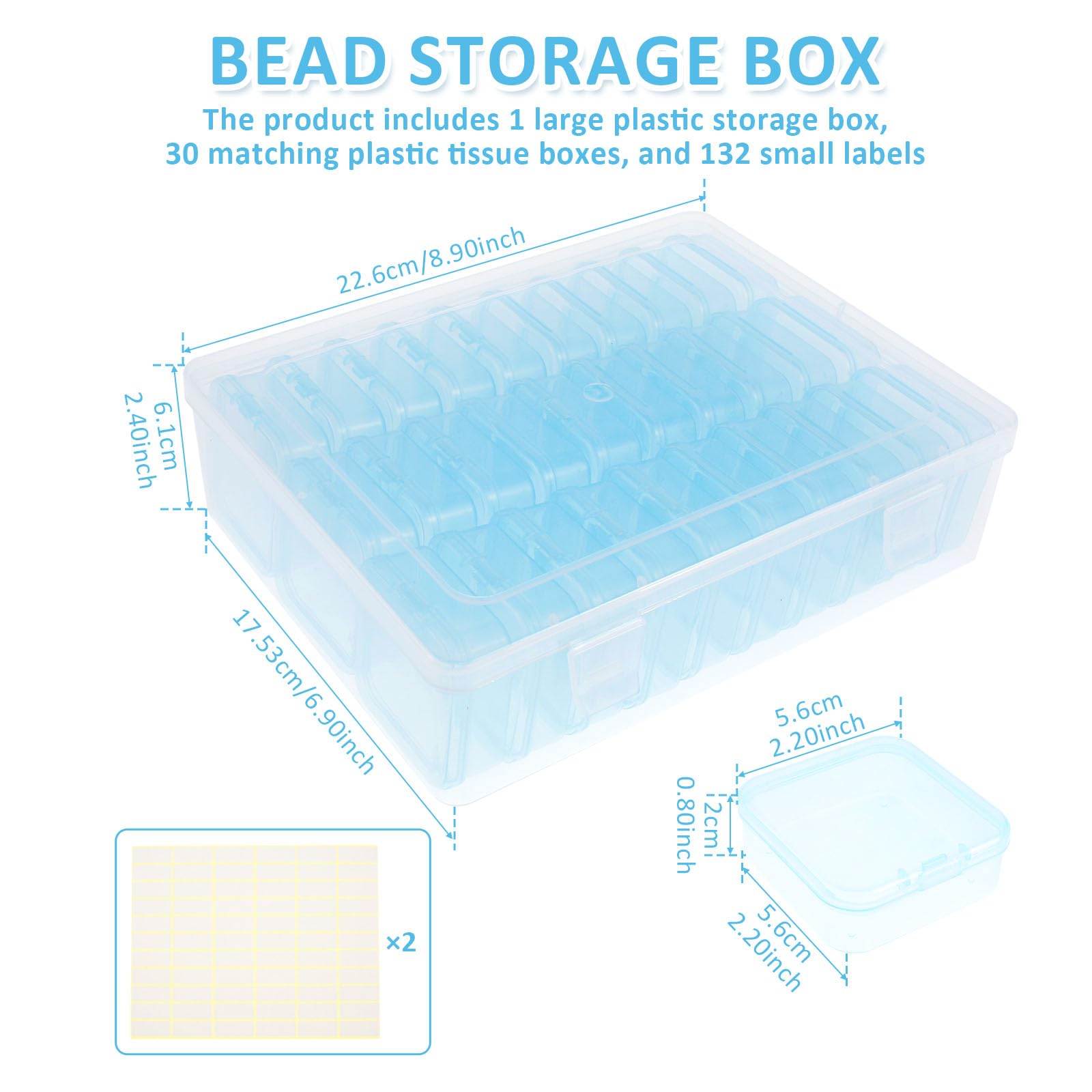 Bead Organizer Box, 30 Pcs Plastic Bead Storage Container,Portable Small Bead Storage Box w/132 Labels,Bead Storage Case Bead Organizer Container for Holding Necklace Bracelet Earring Beading Supplies