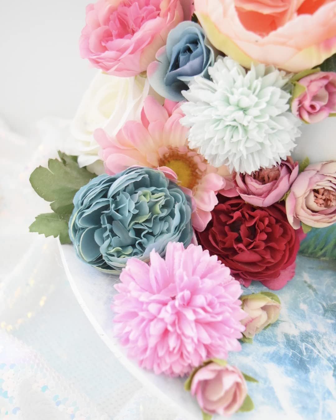 Silk Peony and Tea Rose Artificial Bouquet 9 Heads Realistic Fake Plant for DIY Craft Cake Living Room Home Wedding Decoration (Blue)