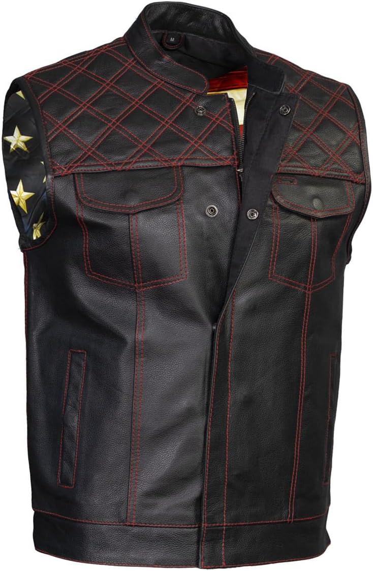 Milwaukee Leather LKM3782 Men's Classic Black Premium Leather Motorcycle Vest with USA Flag Liner