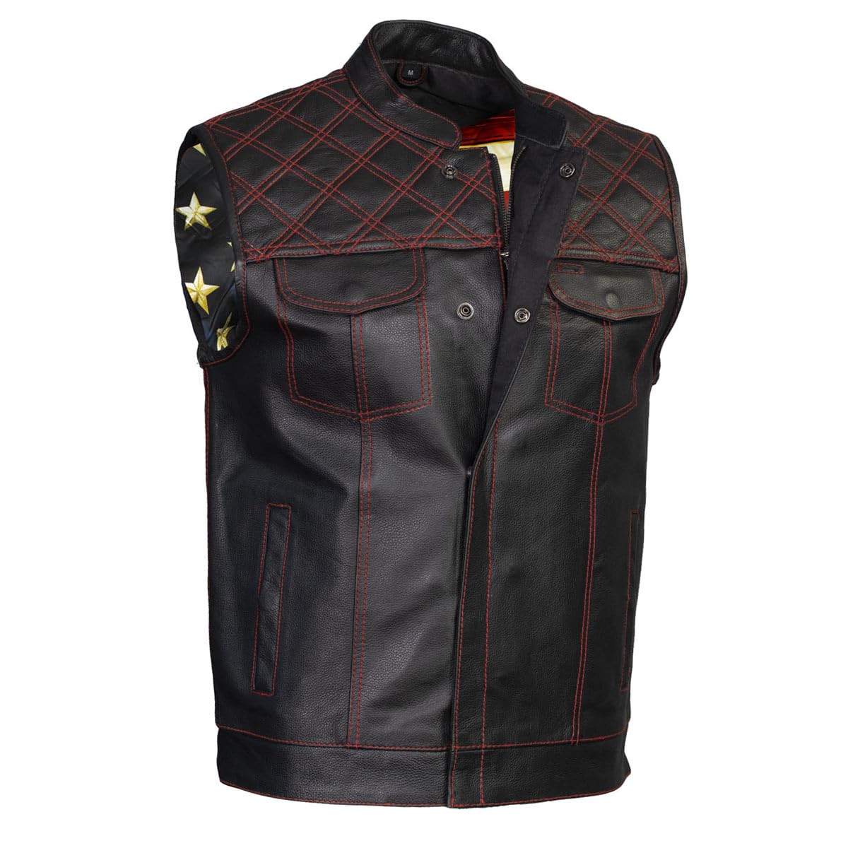 Milwaukee Leather LKM3782 Men's Classic Black Premium Leather Motorcycle Vest with USA Flag Liner - 2X-Large