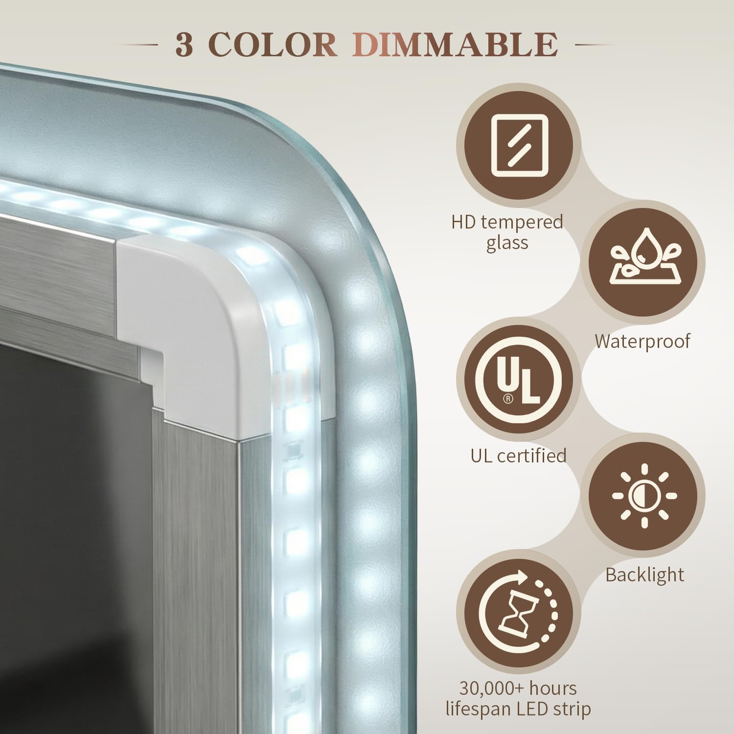 EOGOW Specchio retroilluminato per bagno, 91,4 x 61 cm, specchio da bagno retroilluminato a LED da parete con anti-appannamento, dimmerabile continuo, 3 luci colorate, alto lumen, certificato UL