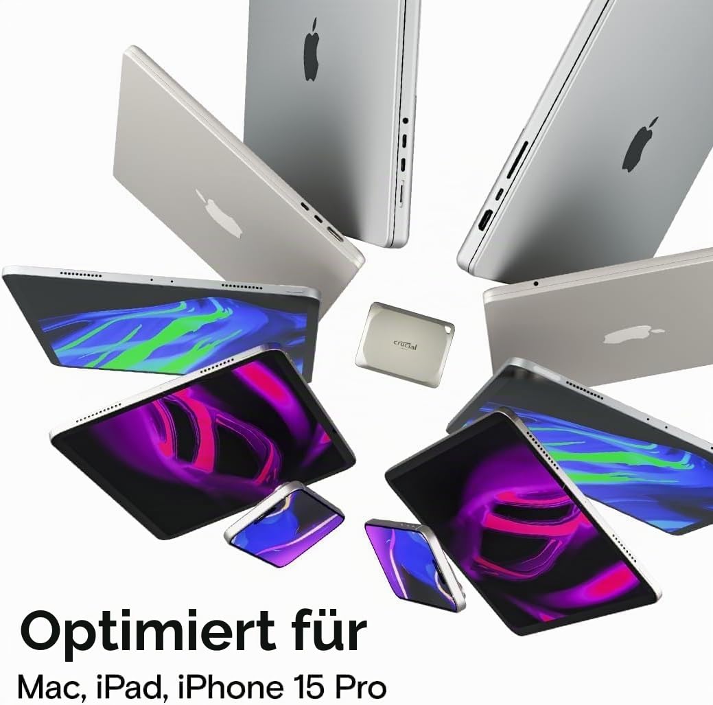 Crucial X9 Pro für Mac 1TB Portable SSD Festplatte, bis zu 1050MB/s Lesen/Schreiben, Mac Ready, IP55 Wasser- und Staubgeschützt, Externe Solid State Drive, USB-C 3.2 - CT1000X9PROMACSSD9B02