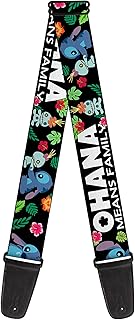 Buckle-Down Disney Guitar Strap, Ohana Means Family Stitch Scrump Poses Tropical Flora Black, 2 Inches Wide