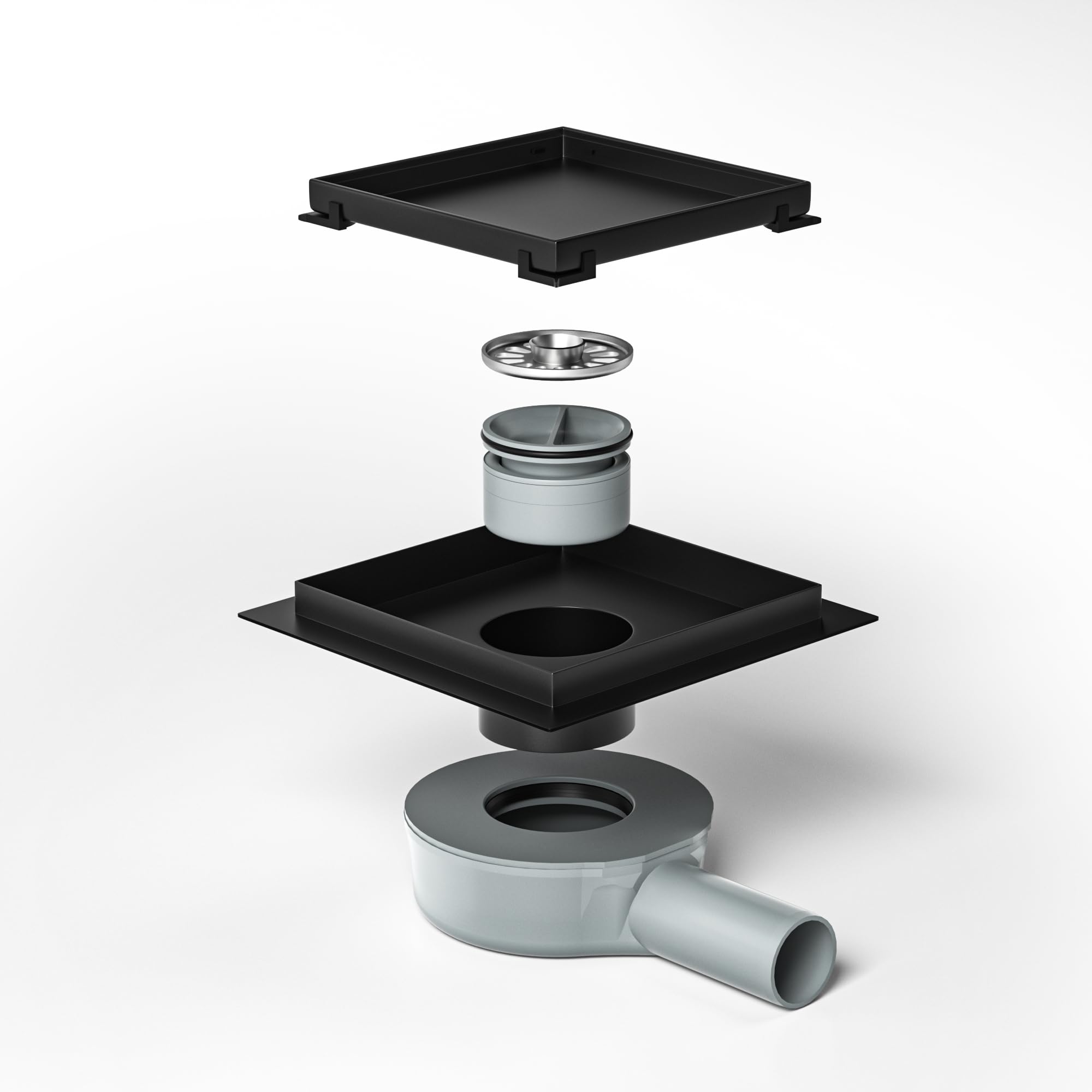 Caniveau de douche carré 15 x 15 cm, siphon à 360° avec système anti-odeurs et tamis à cheveux 2 en 1 carrelable - En acier inoxydable - Très plat - DN50 DN40 - Noir