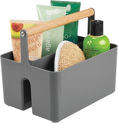 mDesign Organizador de plástico portátil para ducha, cesta dividida, con mango de bambú, para baño, dormitorio, estante y gabinete con capacidad