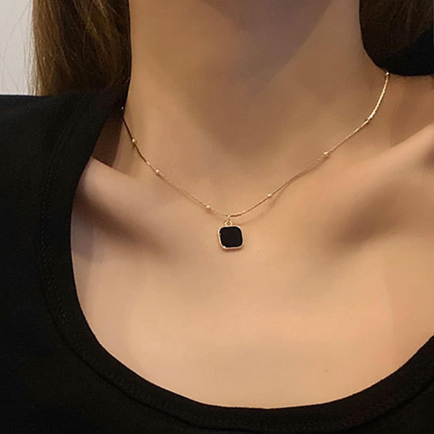 Gemstone Square Necklace Black Onyx Pendant Necklace Gold Beads Chain Geometric Square Necklace Black Crystal Birthstone Statement Necklace Bridal Wedding Jewelry for Women - Image 6