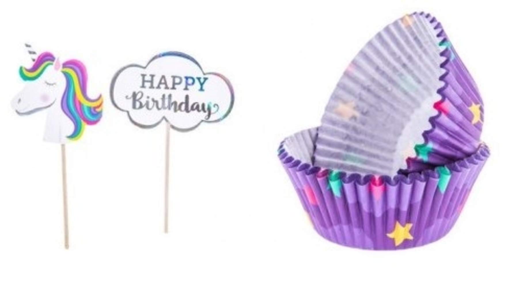 24 Unicorn Cupcake Toppers and 50 Star Baking Cups Bundle | Birthday Party Supplies for Girls