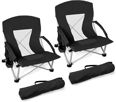 Joyfair Beach Camping Chair for Adults, 2 Pack Large Folding Chairs, Black | Heavy Duty Mid-Height Big Outdoor Portable Camp Chair for Fishing, Lawn, Sport, Cup Holder & Storage Pocket, Carry Bag