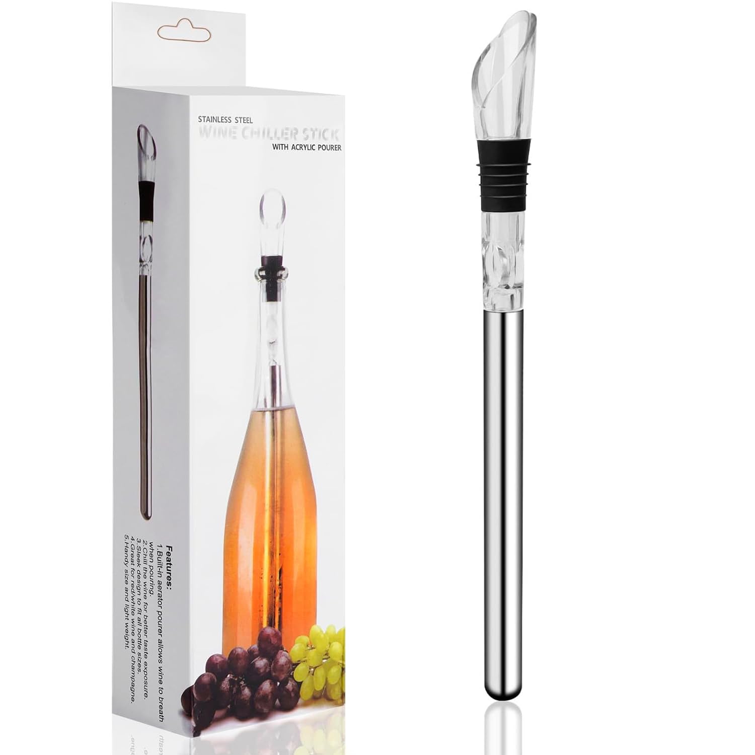 BOBOZHONG Wine Cooler Stick Set,Stainless steel wine cooler rod with pourer,Wine Chiller Cooler Stick 3-in-1 Wine Bottle Coolers Rapid Iceless Wine Chiller ideal wine accessory gift for wine lovers