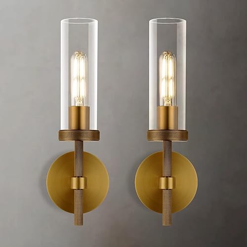 Miniatura 7 de Juego de dos apliques de pared moleteados de latón, apliques de pared de 14 pulgadas para interiores, apliques de pared dorados para baño, luces de