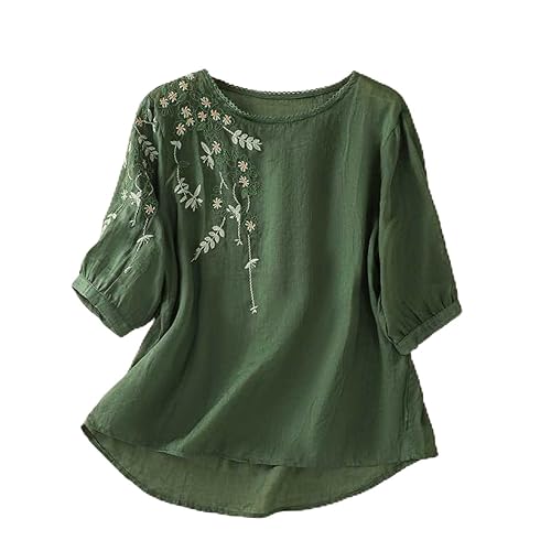 Linen Shirt Women Summer Embroidery Linen Tunic Tops Retro Jacquard