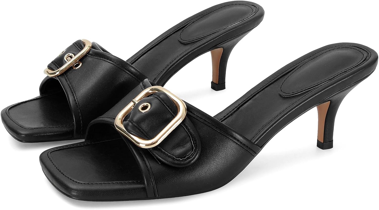 Dsevht Black Kitten Heel Sandals Stiletto Low Heels Slip On Slides Mule Sandal Square Open Toe Dress Shoes for Women