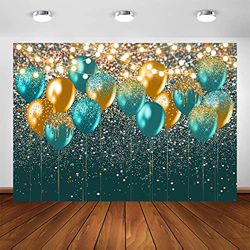 Avezano Teal and Gold Glitter Balloon Backdrop for Women Birthday Party Photography Background Teal Green Confetti Wedding Bday Party Decorations Photoshoot Photobooth (7x5ft)