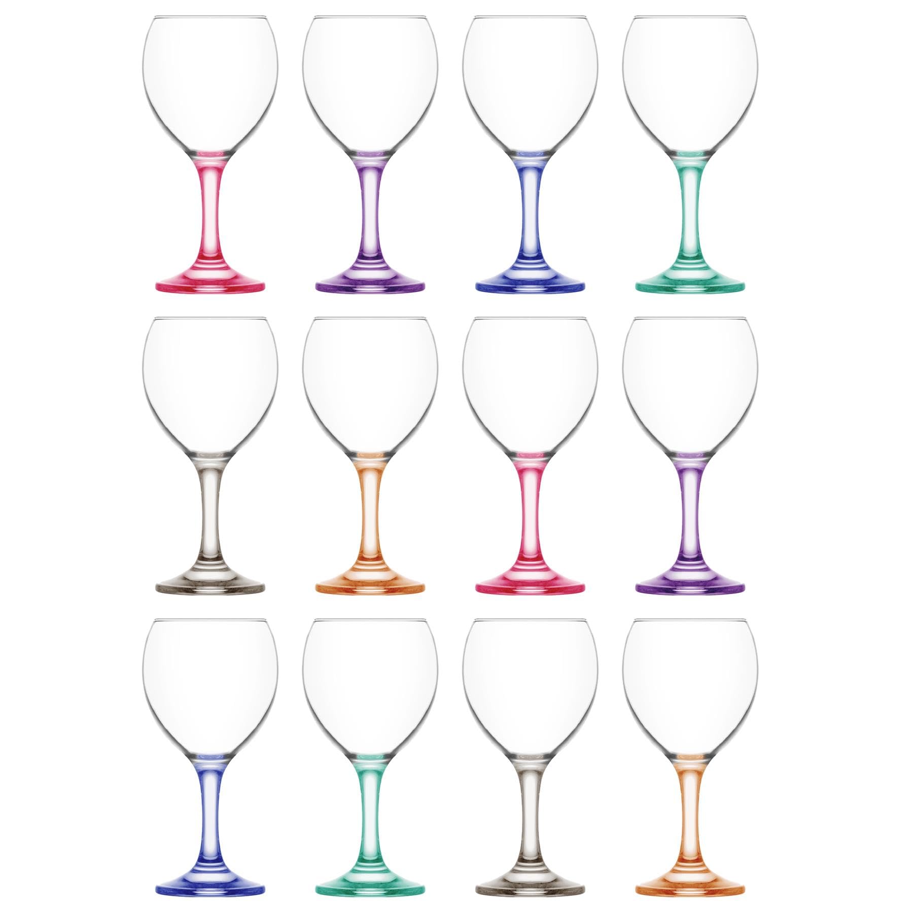 LAV 260ml Misket Wine Glasses - Coloured Stem - 12x Dishwasher Safe Glass Wedding Christmas Birthday Party Drinking Glassware Goblet Gift Set