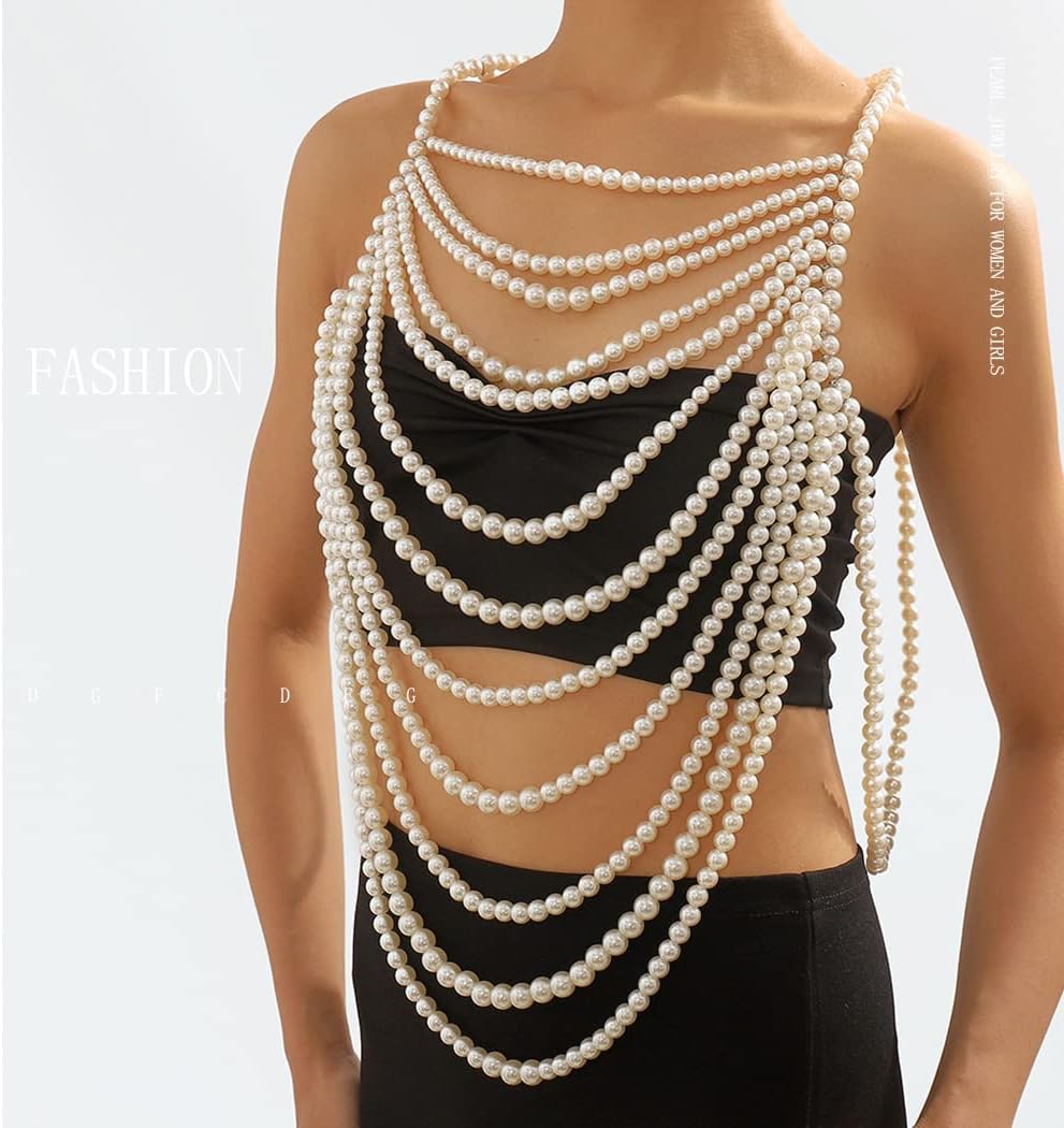 Pearl Body Chain Pearl Body Jewelry Top Pearls Shoulder Necklace for Women Summer Beach Body Accessories Rave Nightclub Party (tassel body chain-1) - Image 3