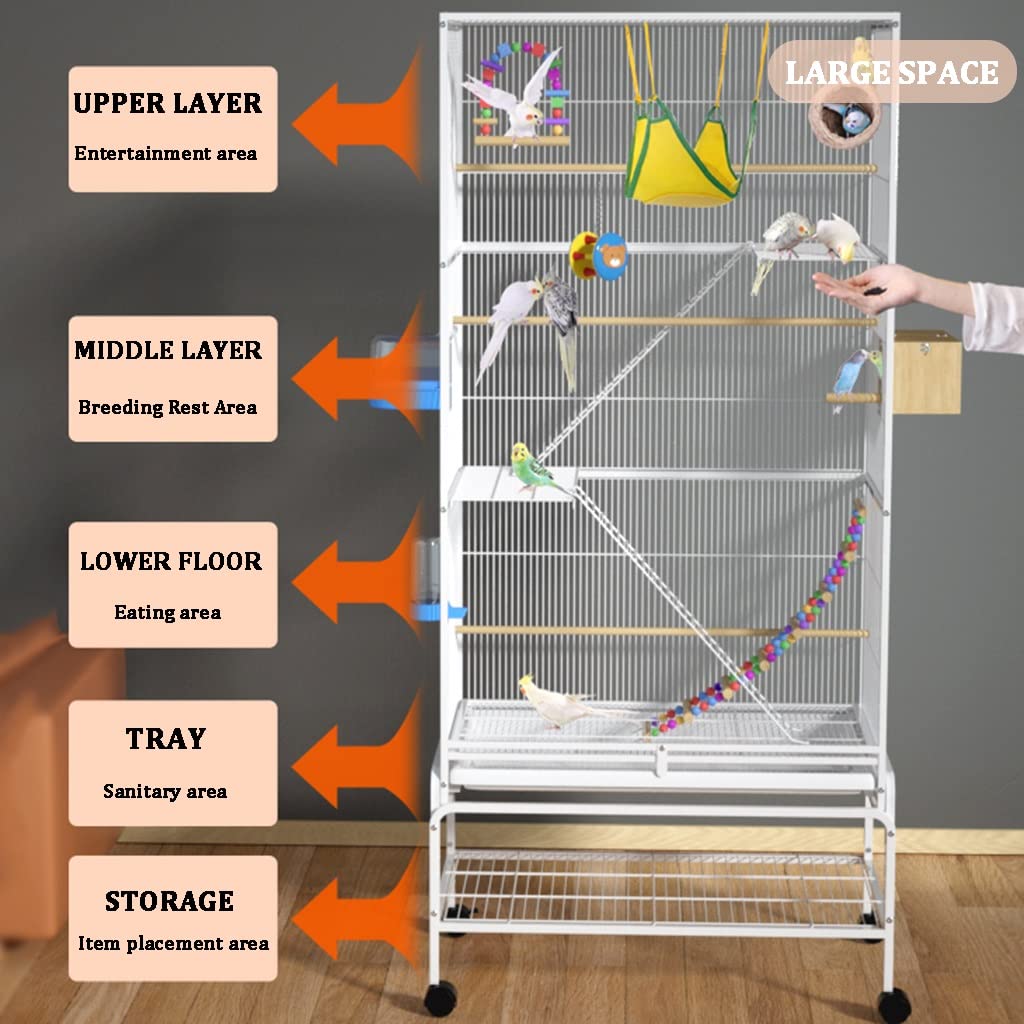Jaulas para pájaros para cacatúas Jaula para palomas con pintura en aerosol de acero, rueda móvil de 360 °, aviario para pájaros, bandeja extraíble, jaula para vuelo, descanso, recreación, comer, lim