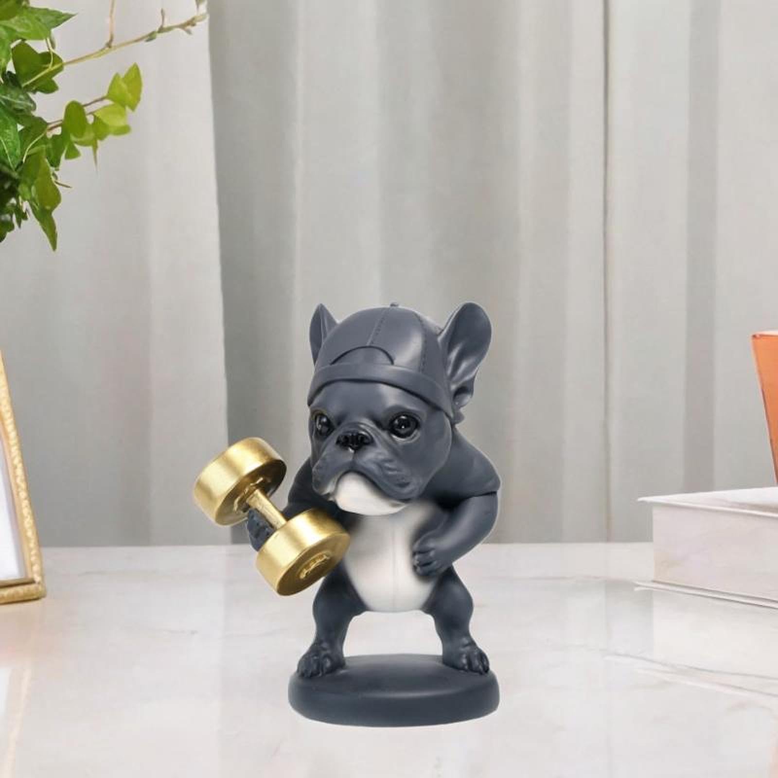 Statuetta di Cane in Resina per Tavolo E Mensola, Sollevando Manubri