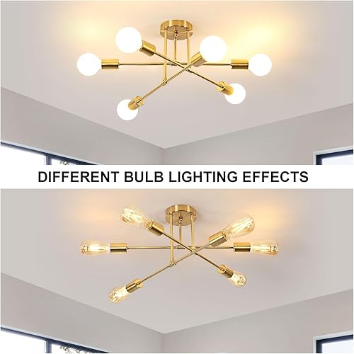 Miniatura 6 de DELIPOP Candelabro Sputnik moderno, 6 luces doradas industriales de metal semiempotrado, lámpara de techo Sputnik con base E26 para comedor, sala de