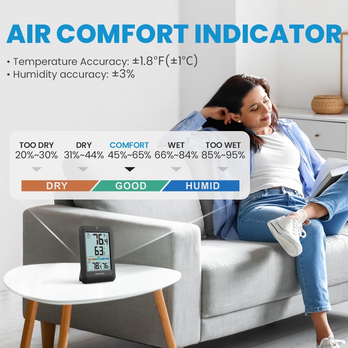 Newentor Indoor Outdoor Thermometer Wireless, Weather Stations Wireless Indoor Outdoor, Outdoor Thermometers for Patio House, Outside Inside Thermometers with Comfort Indicator, Black with 3 Sensors