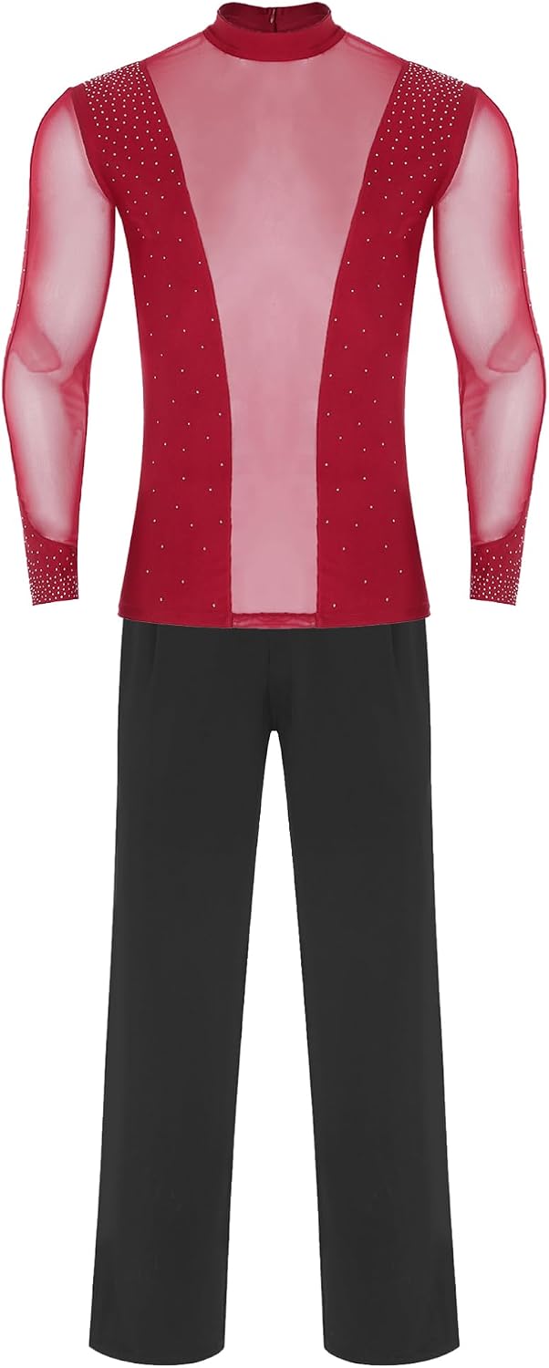 TiaoBug Men's Glittery Rhinestone Latin Dance Shirt with Straight Pants Gymnastics Dance Outfit