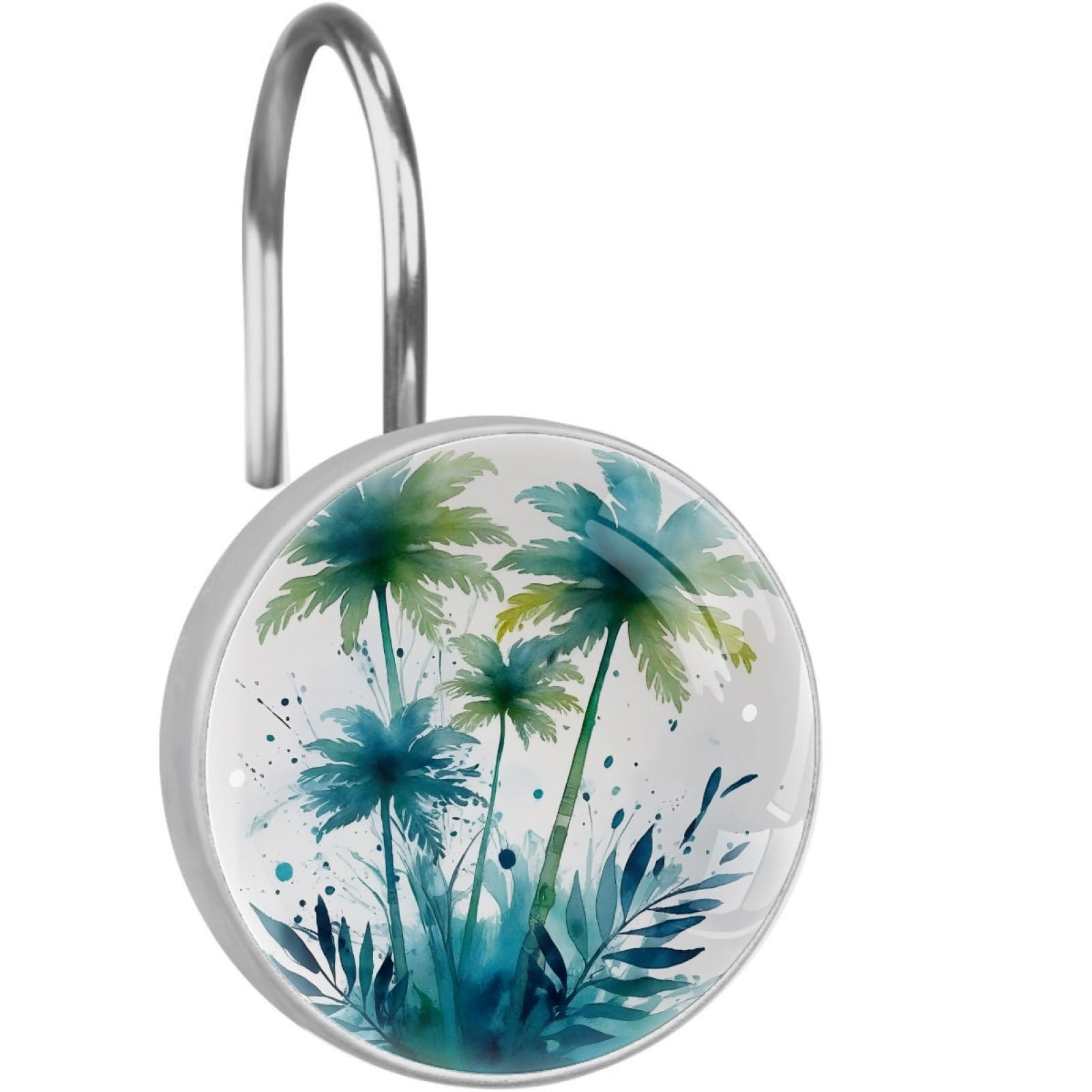 VAPOKF Decorative Shower Curtain Hook, Watercolor Palm Tree Rustproof Stainless Steel Shower Curtain Hook for Bathroom, Shower Curtain Hangers for Shower Rod